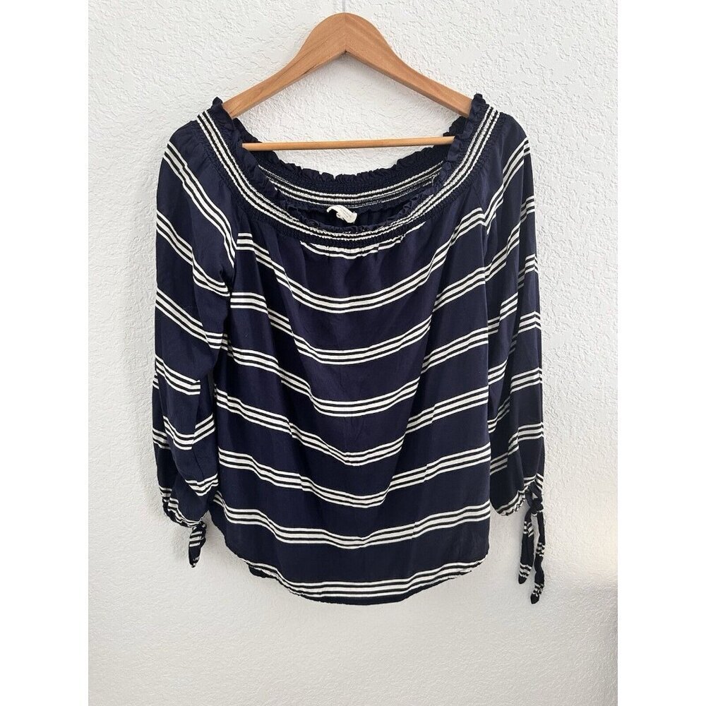 BEACH LUNCH LOUNGE Women's Off the Shoulder‎ Blue White Nautical Top S/P Beachy